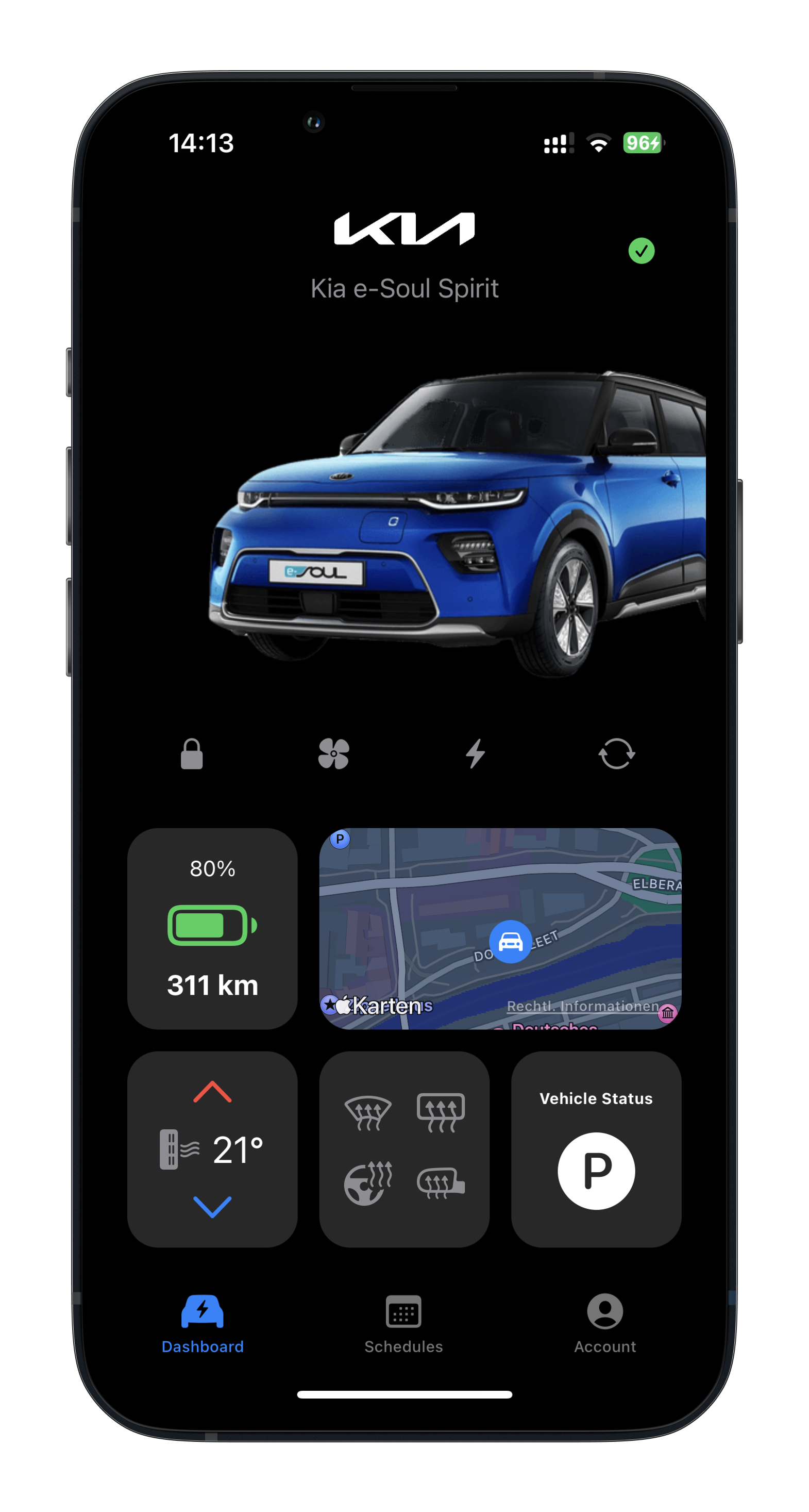 Screenshot of the Sparky iOS app, which is displaying information about the Kia e-Soul